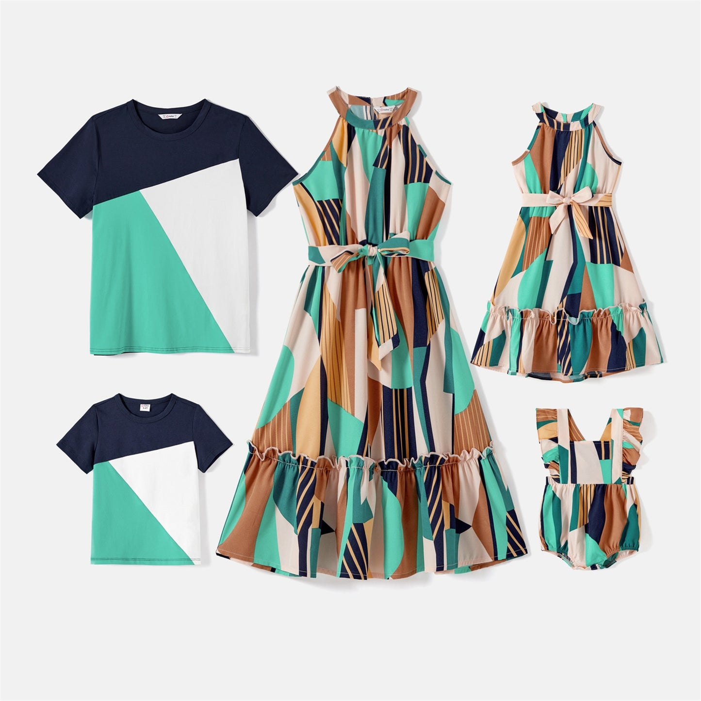 Family Matching! Sleeveless Belted Halter Dresses, T-shirts, and Rompers