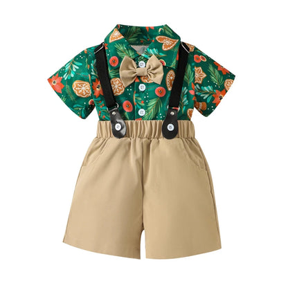 2-Piece Christmas Outfits! Boy’s Short Sleeve Onesie, Shorts, Bow-Tie & Hat Sets