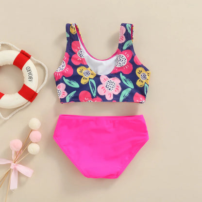 Kids Girls Swimwear Suit Letter Floral Print Front Vest Tops Shorts Clothes Set