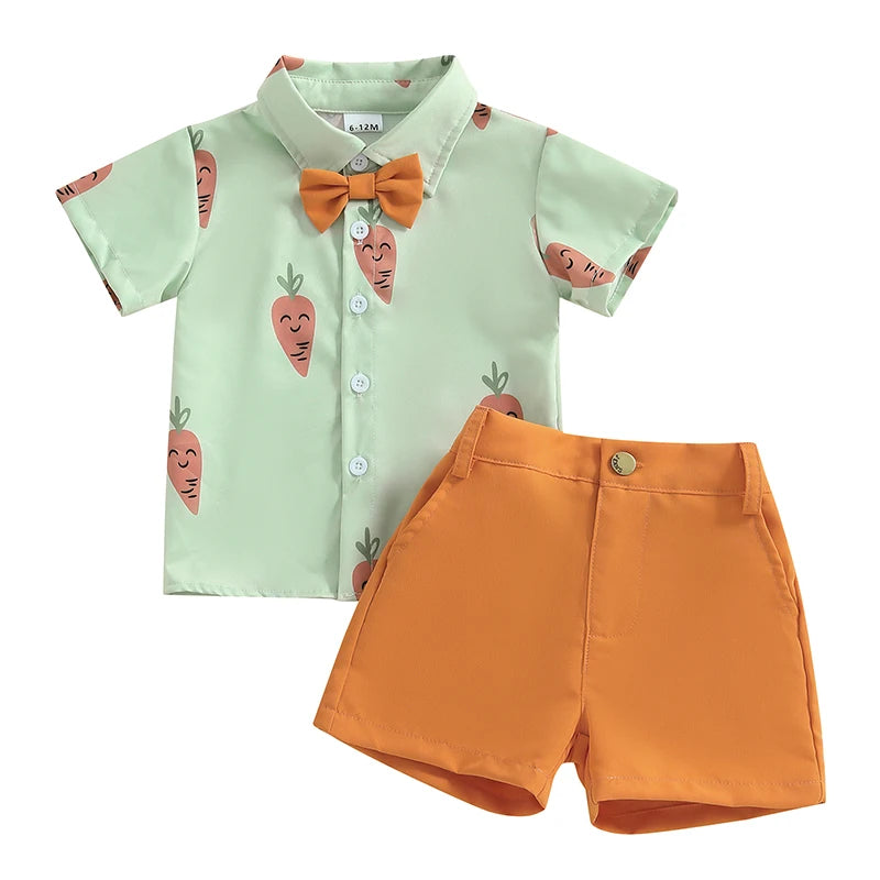 Boy's 2-Piece Easter Bunny/Egg/Carrot Bow-Tie Button Up Polos & Shorts Sets