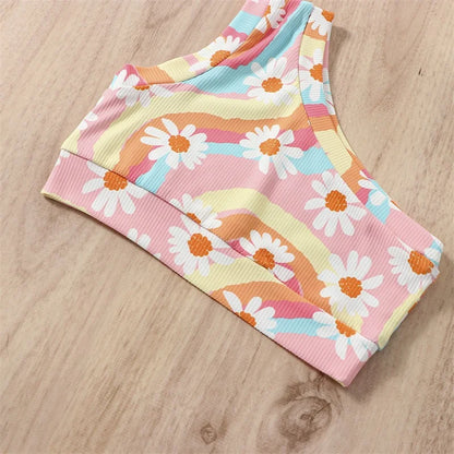 Baby Girls Swimsuits Rainbow Floral Print Bikini Set Sleeveless Bathing Suit Clothes