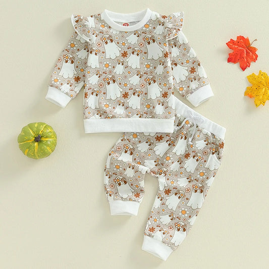 2-Piece Halloween Outfits! Girl’s Long Sleeve Ghost, Flower Sweatshirt & Pants Sets