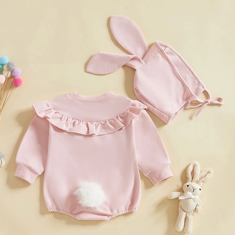 Girl's Ruffled Easter Bunny Tail Onesie & Bunny Ear Hat Sets