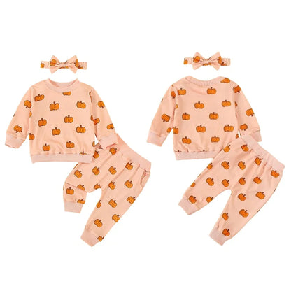 3-Piece Halloween Outfits! Girl’s Long Sleeve Pumpkin Sweatshirt, Pants & Headband Sets