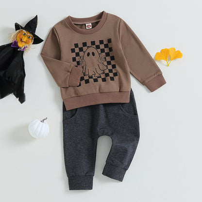 2-Piece Halloween Outfits! Boy's Ghost Checkerboard Sweatshirt & Pants Sets