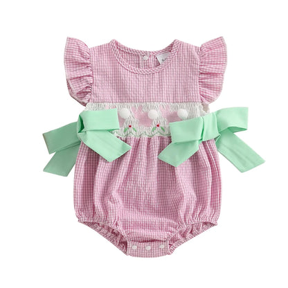 Girl's Fuzzy Bunny Tail Embroidered Solid & Plaid Easter Bow Rompers