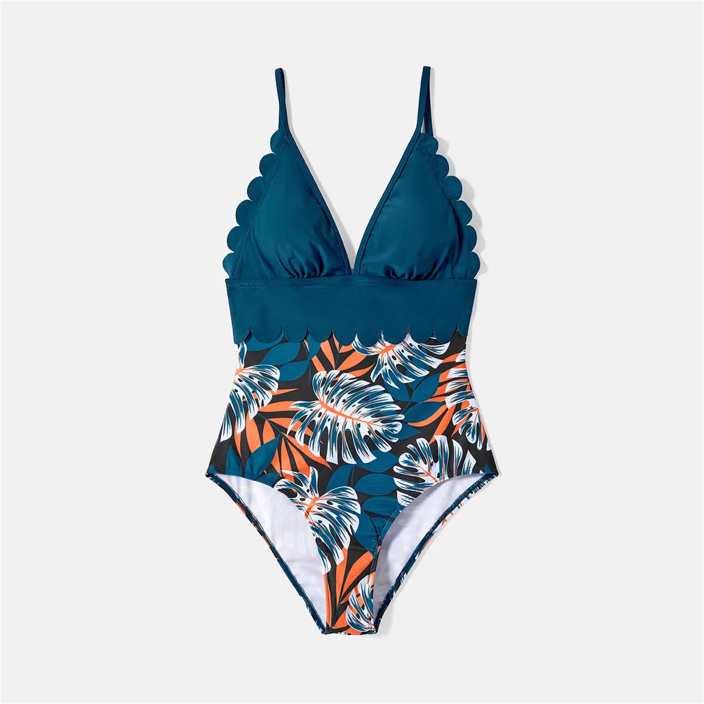 Family Matching! Plant Print Scallop Edge Spliced One-piece Swimsuit & Swim Trunks