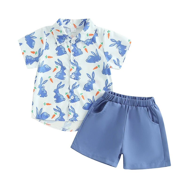 Boy's Button-Up Easter Bunny Carrot Shirt & Shorts