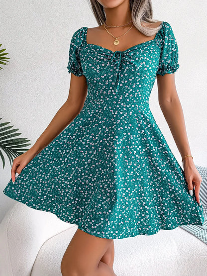 Womens Floral Print Puff Sleeve Mini Dresses