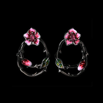 3-Piece Pink Petal Black & Gold Style Flower Rings, Necklace & Earrings Sets