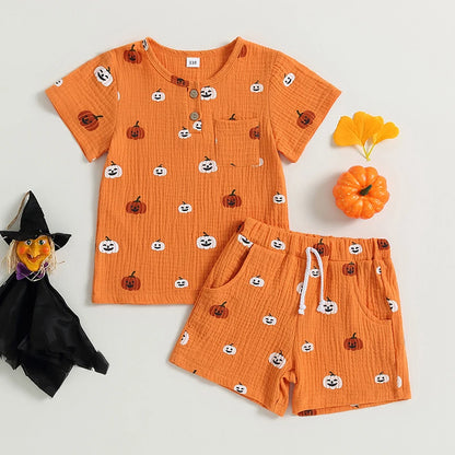 2-Piece Halloween Outfits! Boy’s & Girl’s Short Sleeve Pumpkin T-shirt Rompers & Shorts Sets