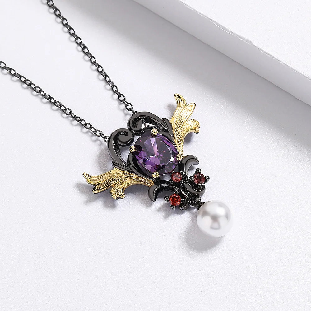 Black & Gold Style Two-Necklace with Purple Zircon Pearl Pendant Love Necklace Chain