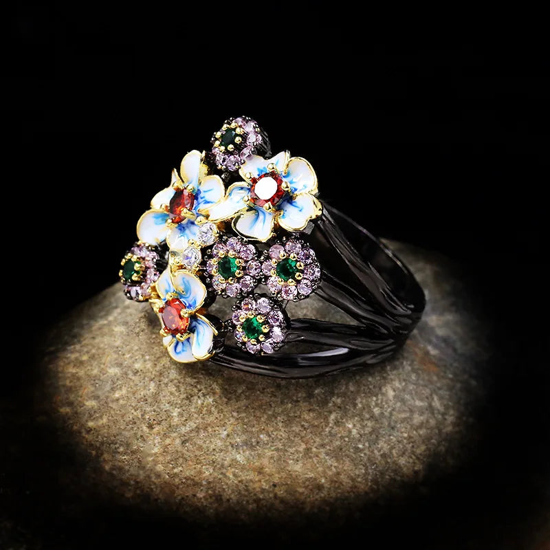 Gorgeous Black & Gold Style Rings Flower Rings Zircon Enamel Flower Ring