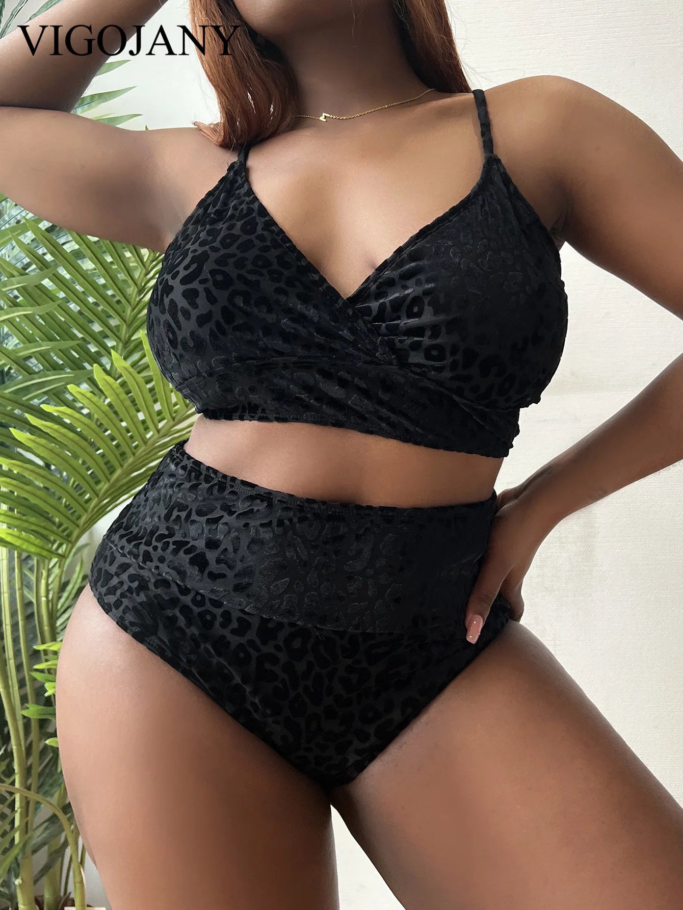 Plus Leopard Lace Up Piece High Waist Bikini Swimsuit