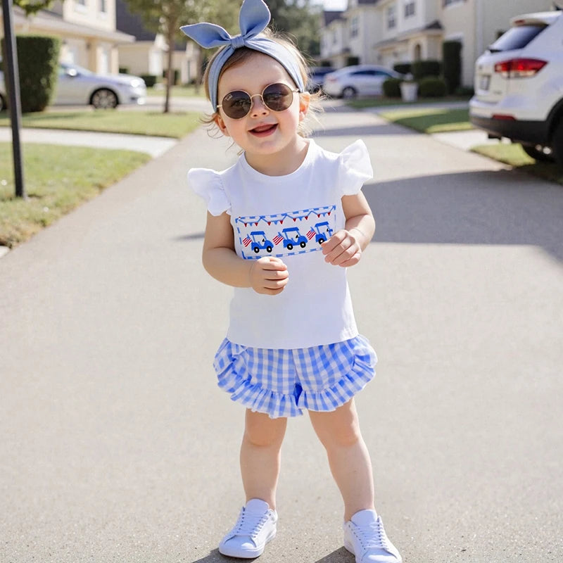 Girl's 2-Piece Embroidered 4th of July Fly Sleeve Golf Cart Top & Ruffled Plaid Shorts Sets