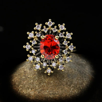 Red Zircon Black & Gold Style Sunflower Cocktail Rings