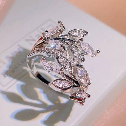 Winding Interweaving Leaf Rings Flower Vine Octagonal Flower Zircon Ring