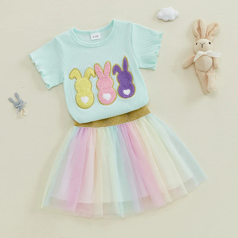 Girl's 2-Piece Embroidered Easter Bunny T-shirts & Rainbow Tulle Skirts Sets