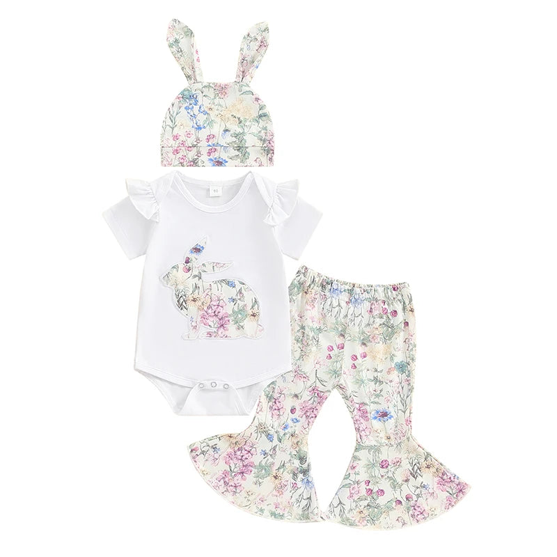 Girl's  Onesie, Bunny Ear Hats & Floral Bell Bottom Pants