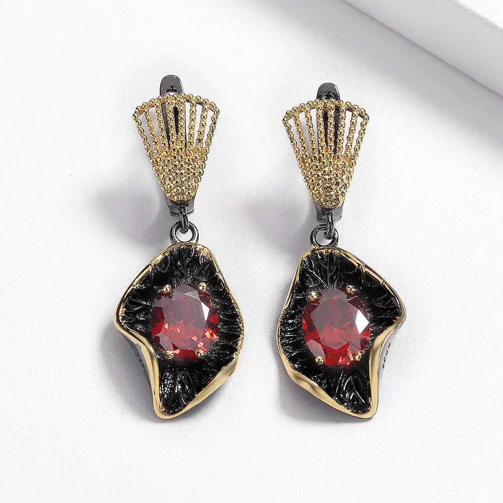 Ruby-Zircon Black & Gold Style Earrings