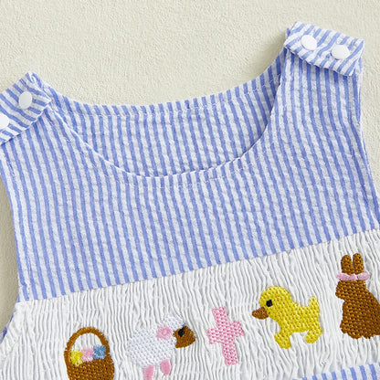 Boy's Sleeveless Plaid, Striped Easter Bunny Rompers