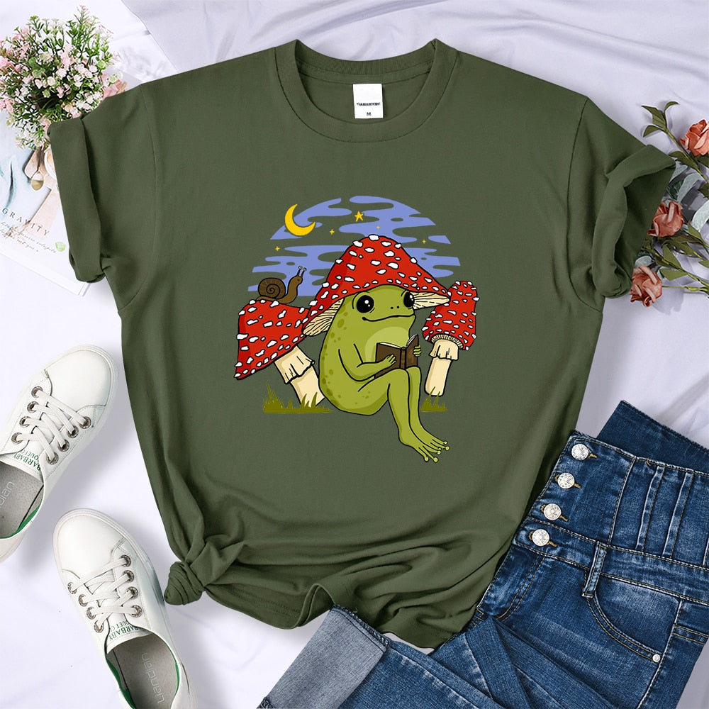 Frog Mushroom Book Graphic Tees Short Sleeve T-shirts