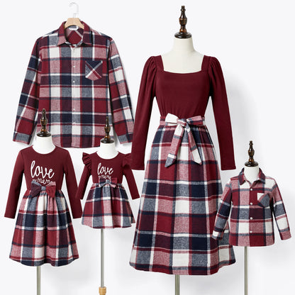 Family Matching! Casual Long Sleeve Plaid Shirts & Knit Belted Dresses
