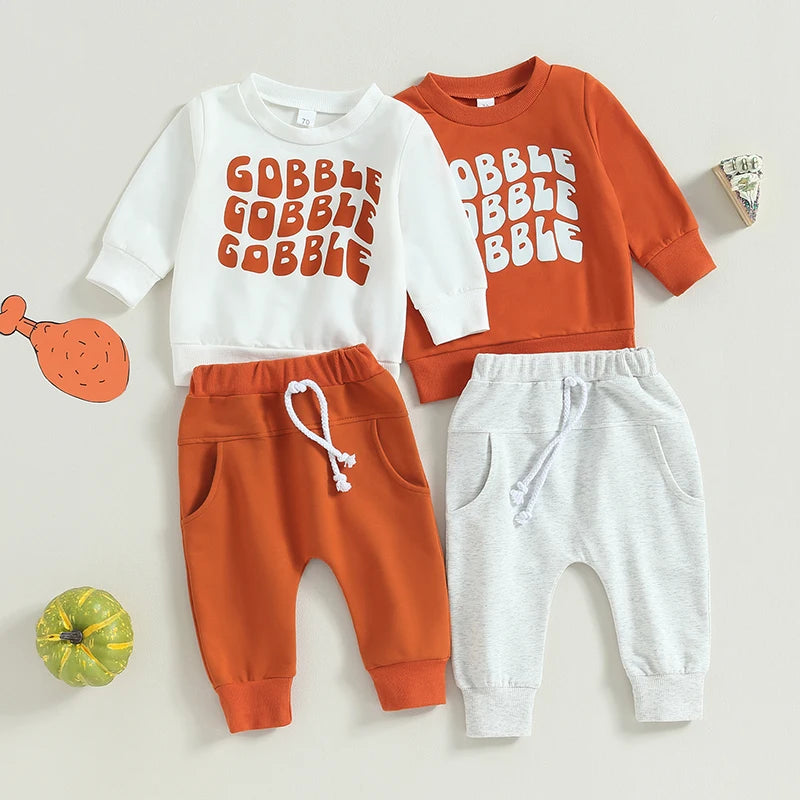 2-Piece Thanksgiving Outfits! Boy's & Girl's "Gobble Gobble" Fall Sweatshirt & Pants Sets