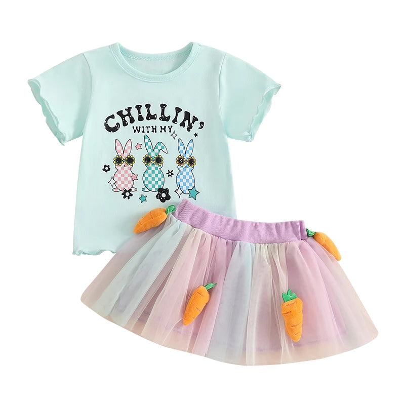 Girl's Easter Bunny T-shirt & Plush Carrot Tulle Skirt Set