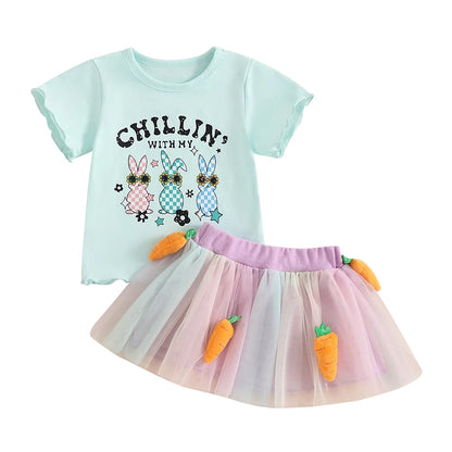 Girl's Easter Bunny T-shirt & Plush Carrot Tulle Skirt Set