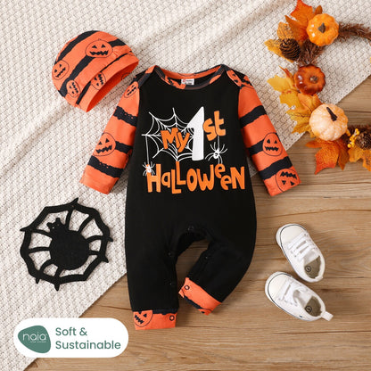 Halloween Baby Naia Letter Pumpkin Pattern Long Sleeve Jumpsuit Set