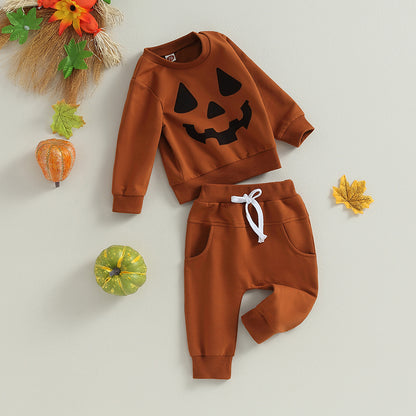 2-Piece Halloween Outfits! Boy’s Long Sleeve Pumpkin Sweatshirt & Pants Sets