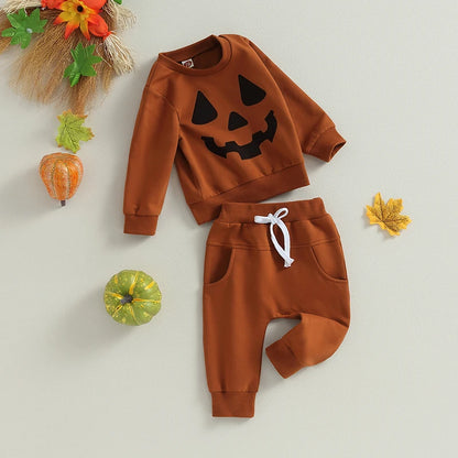 2-Piece Halloween Outfits! Boy’s Long Sleeve Pumpkin Sweatshirt & Pants Sets