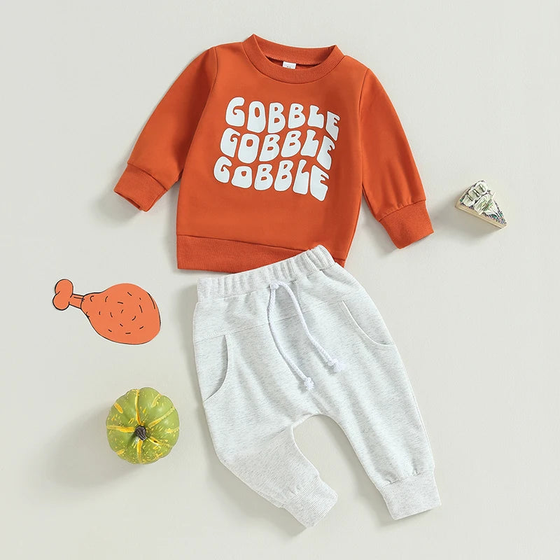 2-Piece Thanksgiving Outfits! Boy's & Girl's "Gobble Gobble" Fall Sweatshirt & Pants Sets