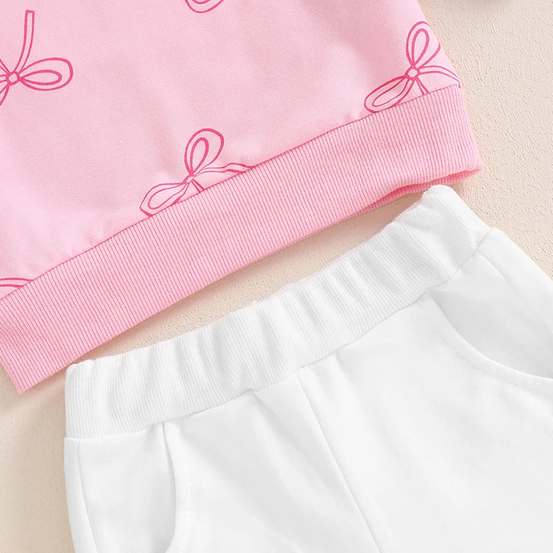 2-Piece Outfits! Girl's Pink Bow Sweatshirt & Pants Sets