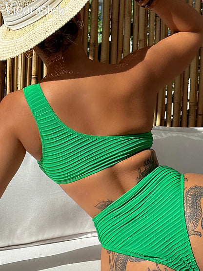 Green Bikini Set One Shoulder Push Up SwimsuitHigh Cut Hollow Swimwear Beach Summer Bathing Suit