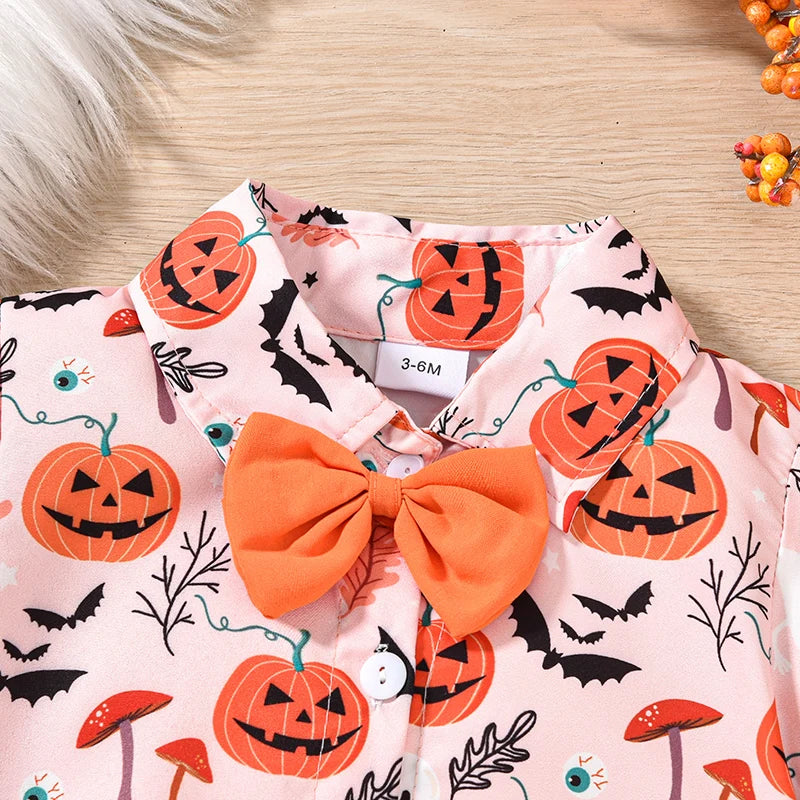 Ghost Pumpkin Halloween Onesies! Boy's Short Sleeve Button-Up with Bow-Tie Collar