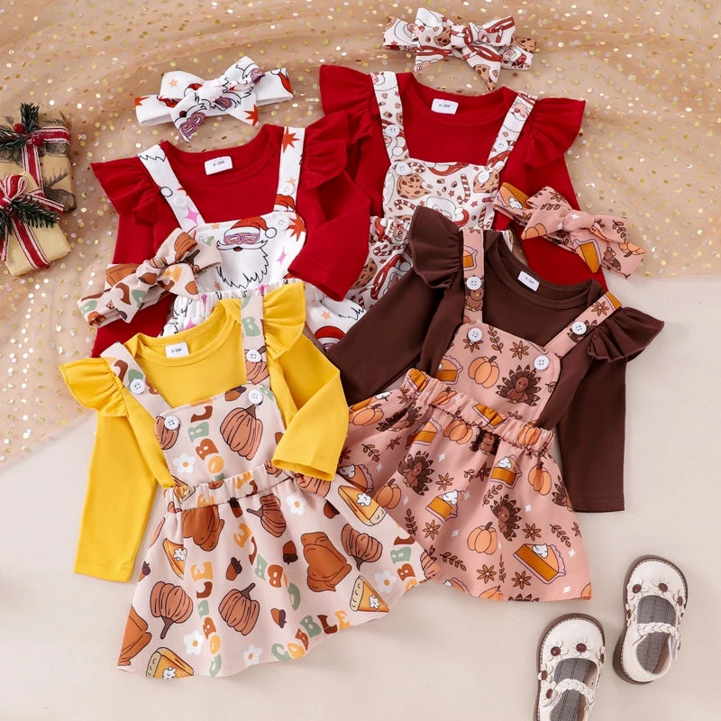 Girl's 3-Piece Holiday 3-Piece Ruffled Onesie, Santa/Pumpkin/Turkey Suspender Skirts & Bow Headband Sets