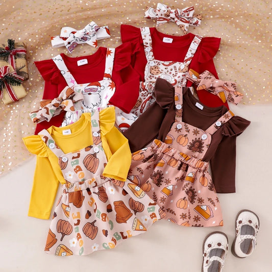 Girl's 3-Piece Holiday 3-Piece Ruffled Onesie, Santa/Pumpkin/Turkey Suspender Skirts & Bow Headband Sets