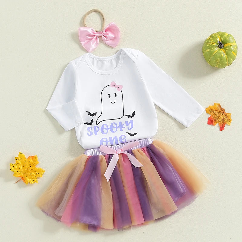 2-Piece Halloween Outfits! Girl’s Long Sleeve Ghost Onesie, Tutu Skirt & Headband Sets