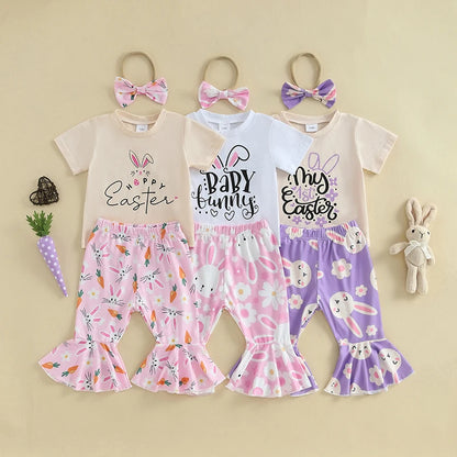 Girl's Easter Bunny T-Shirt, Flare Pants & Headband Sets