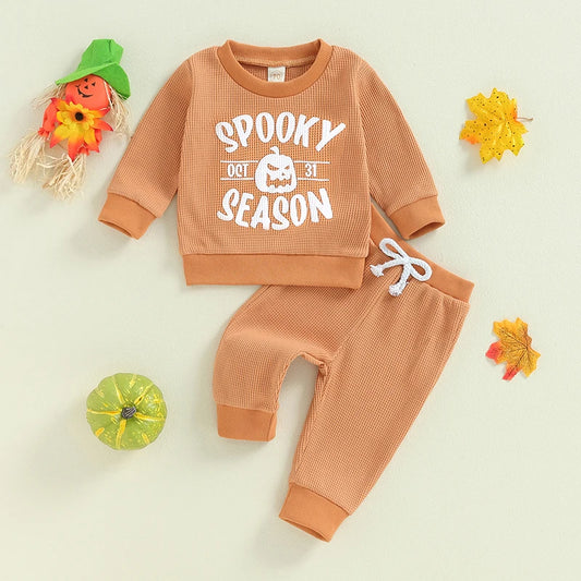 2-Piece Halloween Outfits! Boy's & Girl's "Spooky Season" Pumpkin Sweatshirt & Pants Sets