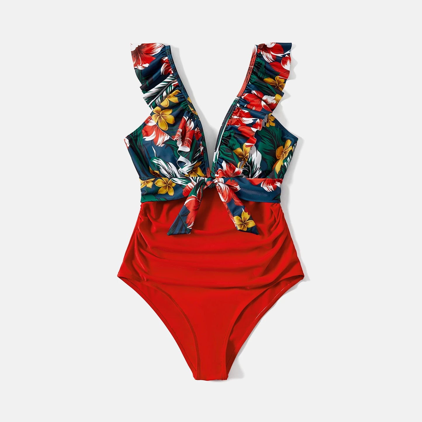 Family Matching! Swimwear Floral & Solid Spliced Ruffle Trim One Piece Swimwear & Trunks