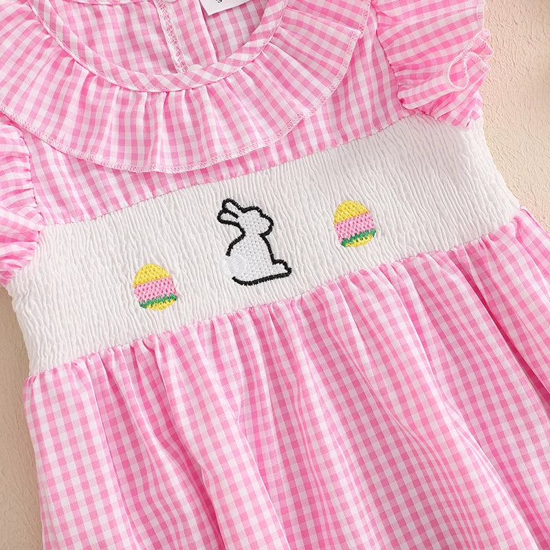 Girl's Embroidered Easter Bunny Plaid Ruffled Rompers