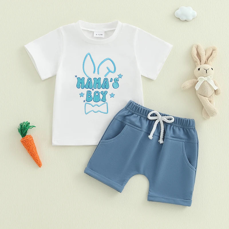 Boy's 2-Piece Embroidered "Mama's Boy" & Easter Bunny T-Shirt & Shorts Sets