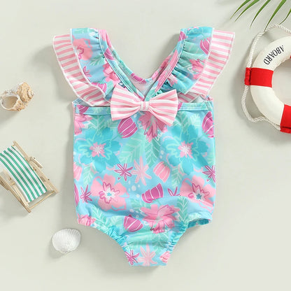 Baby Girl Swimsuits Ruffle Floral Print Flying Sleeves Jumpsuit Swimwear Beachwear Bathing Suits