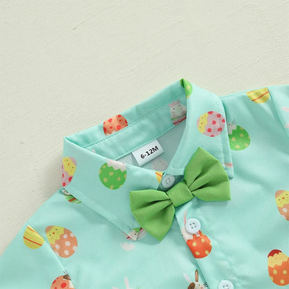 Boy's 2-Piece Easter Bunny/Egg/Carrot Bow-Tie Button Up Polos & Shorts Sets