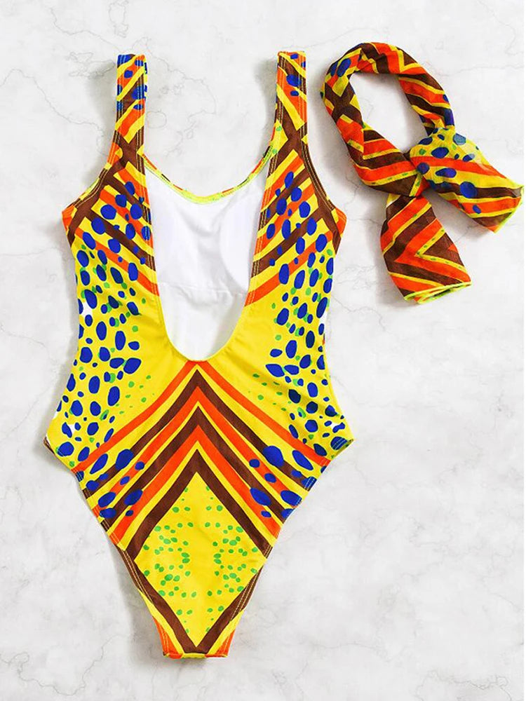 Print Strapped SwimwearPush UP High Cut One Piece Swimsuit Monokini Backless Summer Bathing Suit