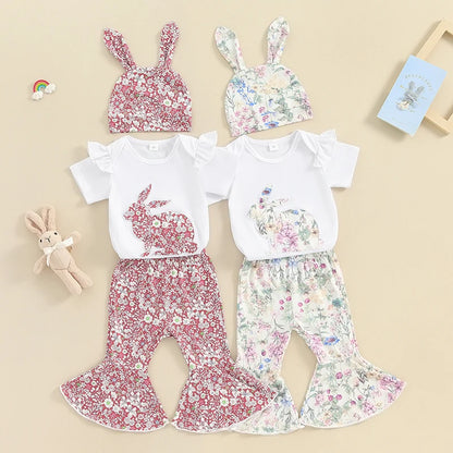 Girl's  Onesie, Bunny Ear Hats & Floral Bell Bottom Pants