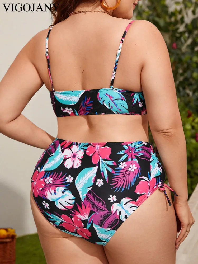 Print Strapped 2 Piece Plus BikiniPush Up Swimsuit Backless High Waist Bathing Suit